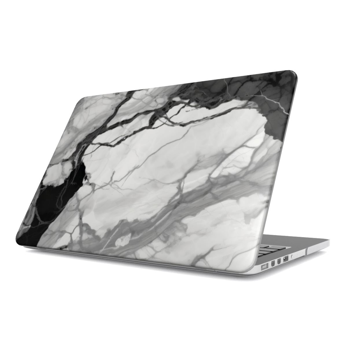 Black & White Marble MacBook case — monochrome, hard-shell laptop cover, angled lid view