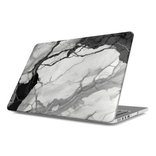 Black & White Marble MacBook case — monochrome, hard-shell laptop cover, angled lid view