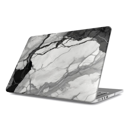 Black & White Marble MacBook case — monochrome, hard-shell laptop cover, angled lid view
