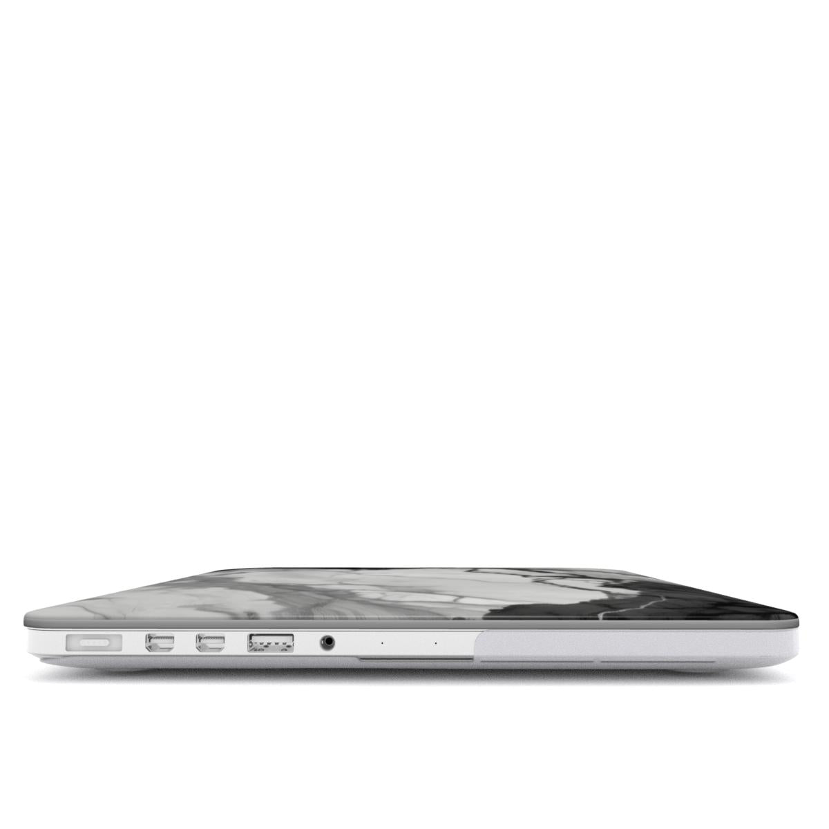 Black & White Marble MacBook case — hard-shell laptop cover, side view with ports