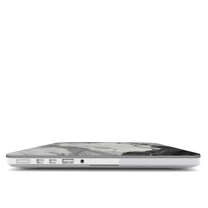 Black & White Marble MacBook case — hard-shell laptop cover, side view with ports