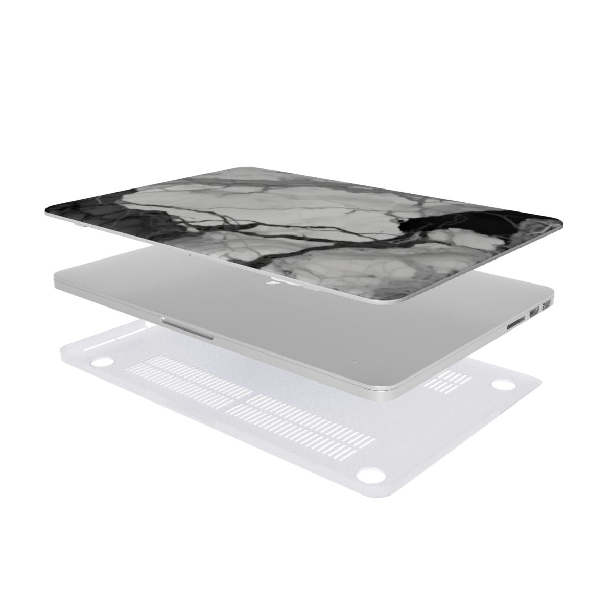 Black & White Marble MacBook case — hard-shell laptop cover, two-piece shell view