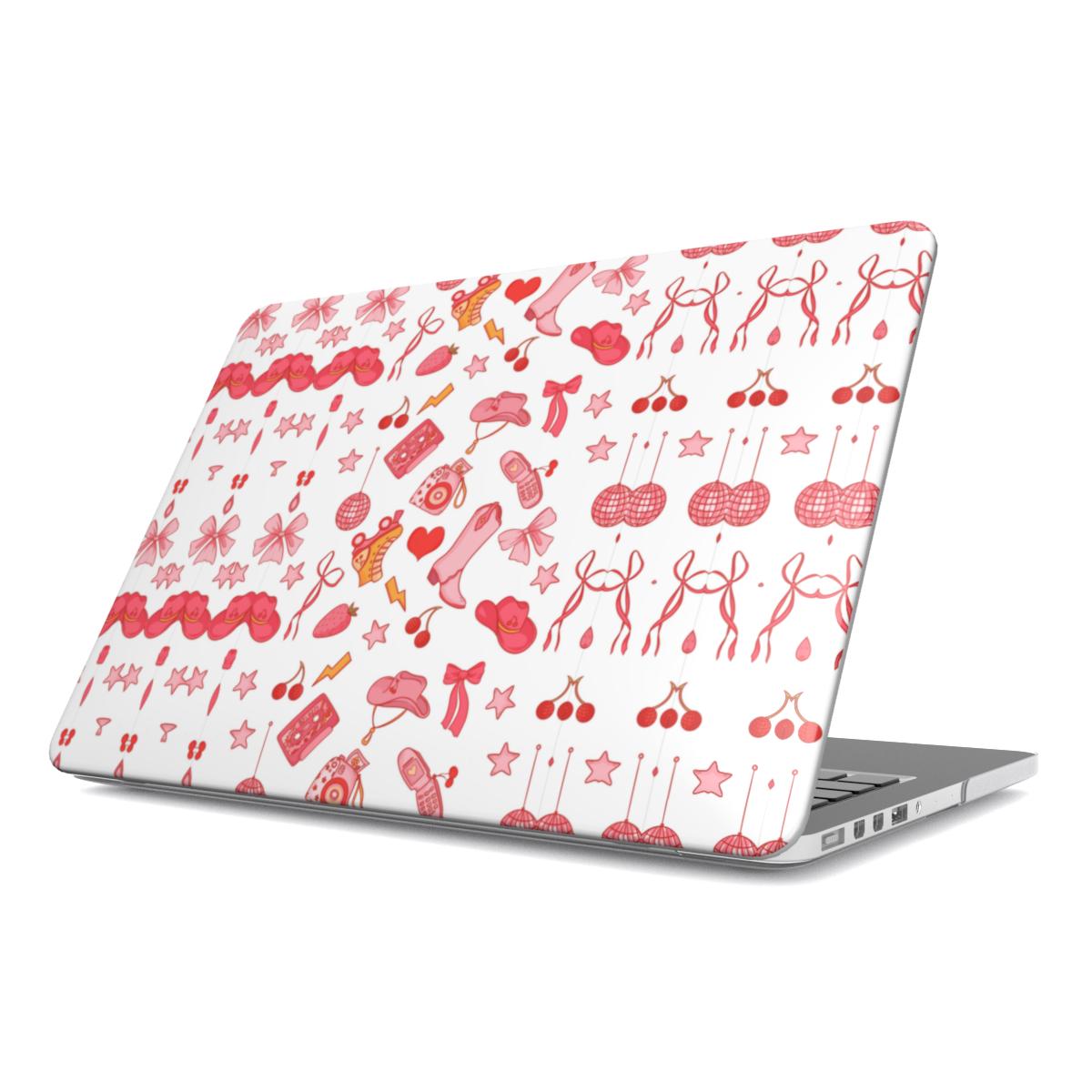 Coquette Cowgirl MacBook case — pink western, hard-shell laptop cover, angled lid view