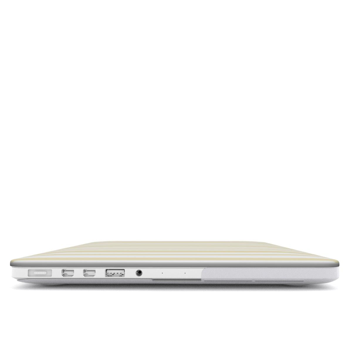 Butter Ticking Stripe MacBook case — hard-shell laptop cover, side view with ports