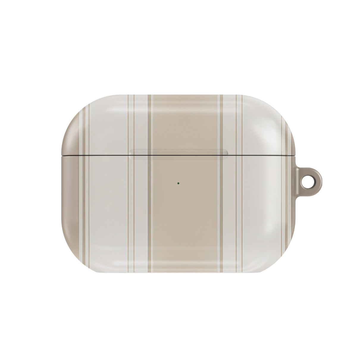 Taupe Ticking Stripe AirPods case — neutral stripe, closed front view