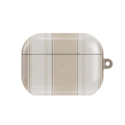 Taupe Ticking Stripe AirPods case — neutral stripe, closed front view