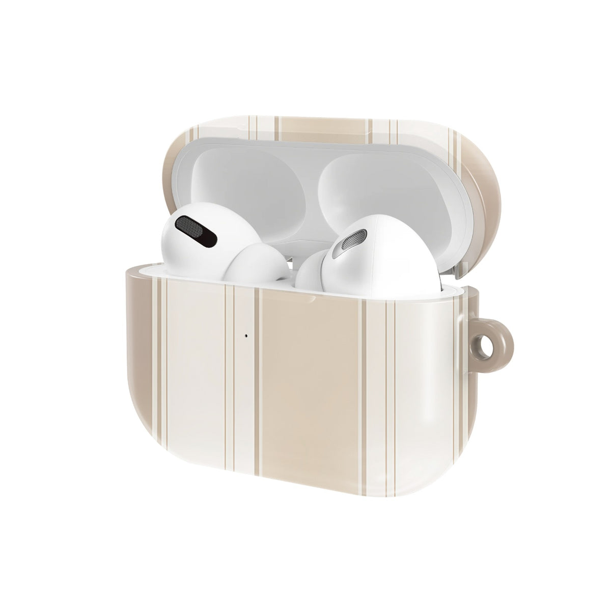 Taupe Ticking Stripe AirPods case — open angled view