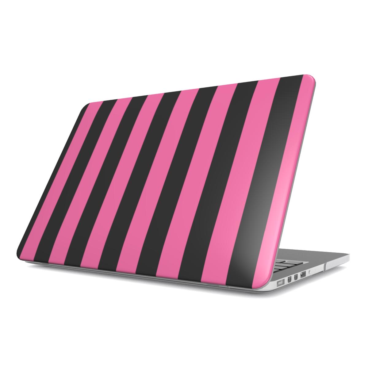 Pink & Black Stripe MacBook case — bold stripe, hard-shell laptop cover, angled lid view