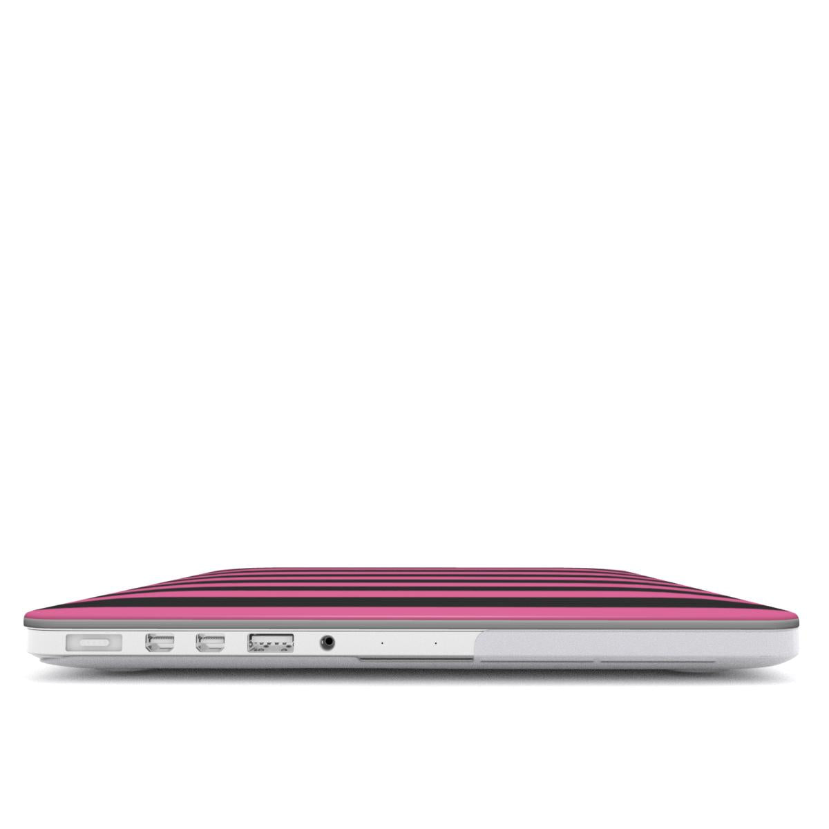 Pink & Black Stripe MacBook case — hard-shell laptop cover, side view with ports