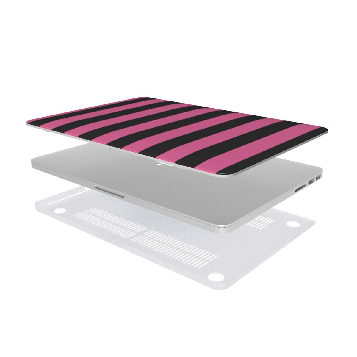 Pink & Black Stripe MacBook case — hard-shell laptop cover, two-piece shell view