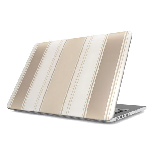 Taupe Ticking Stripe MacBook case — neutral stripe, hard-shell laptop cover, angled lid view