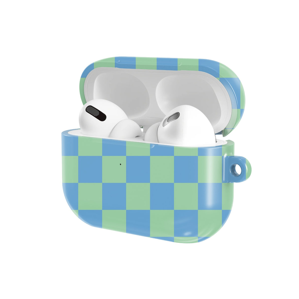 Blue & Green Check AirPods case — open angled view