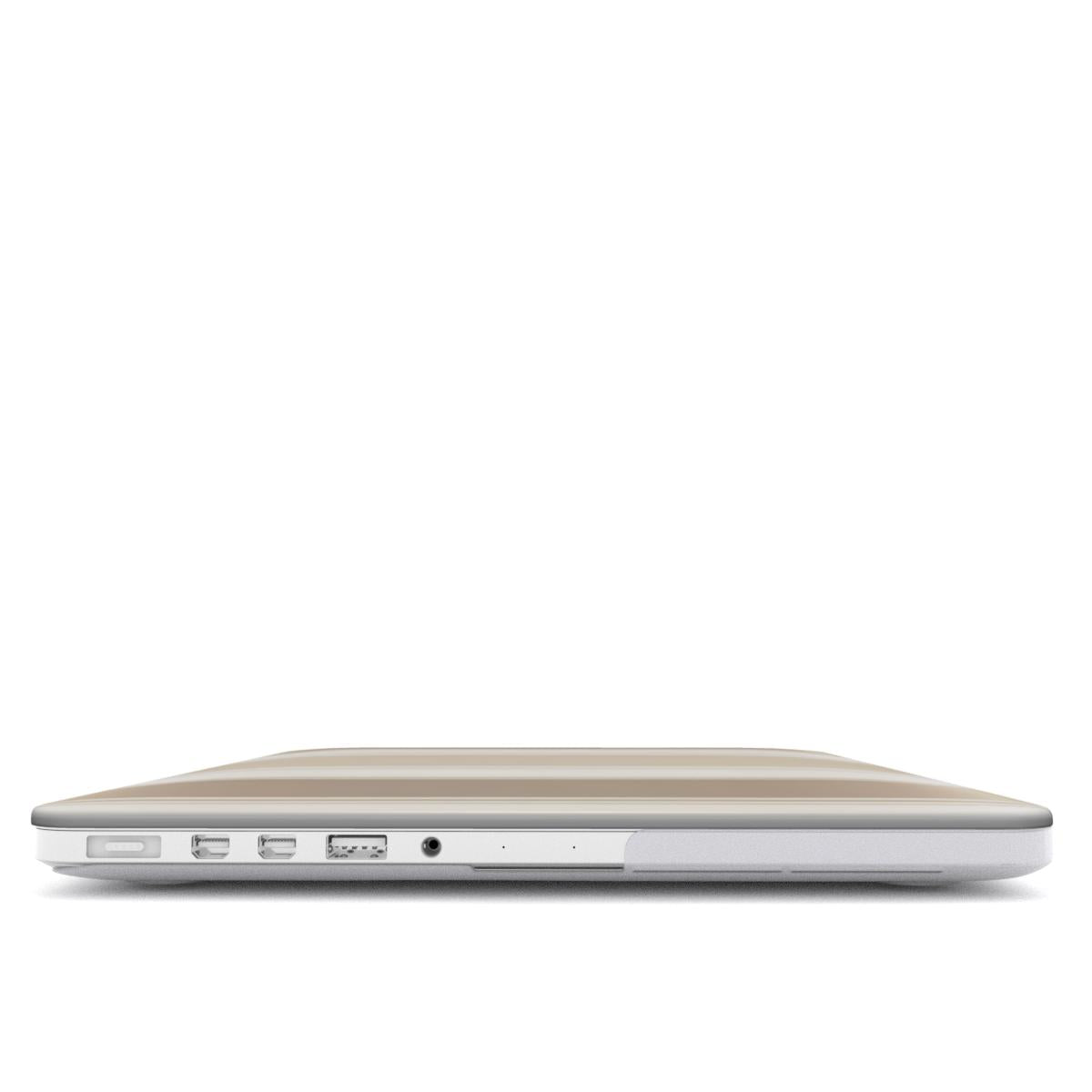 Taupe Ticking Stripe MacBook case — hard-shell laptop cover, side view with ports