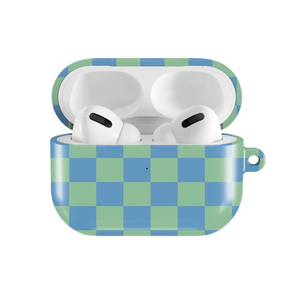 Blue & Green Check AirPods case — open front view