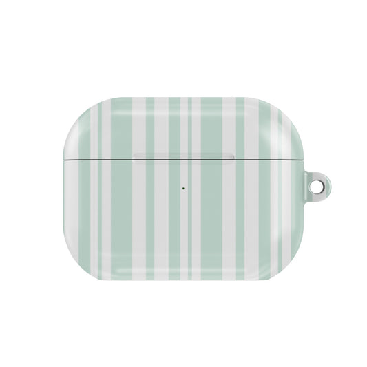 Mint Ticking Stripe AirPods case — mint stripe, closed front view