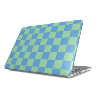 Blue & Green Check MacBook case — blue check, hard-shell laptop cover, angled lid view
