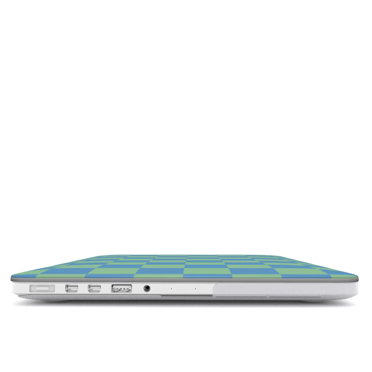 Blue & Green Check MacBook case — hard-shell laptop cover, side view with ports