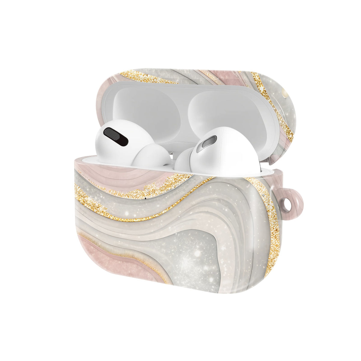 Rose Quartz Marble AirPods case — open angled view