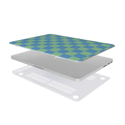 Blue & Green Check MacBook case — hard-shell laptop cover, two-piece shell view