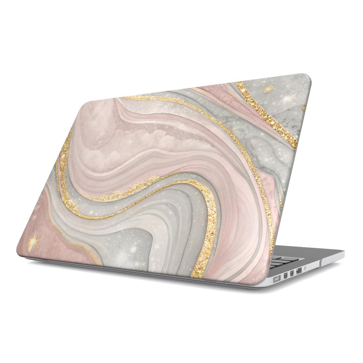 Rose Quartz Marble MacBook case — blush & gold, hard-shell laptop cover, angled lid view
