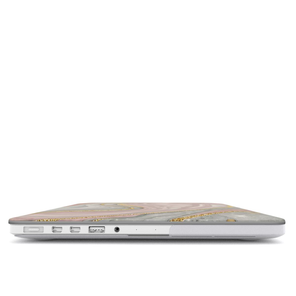 Rose Quartz Marble MacBook case — hard-shell laptop cover, side view with ports