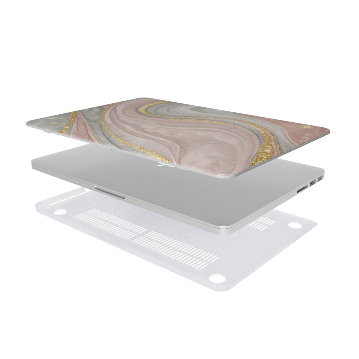 Rose Quartz Marble MacBook case — hard-shell laptop cover, two-piece shell view