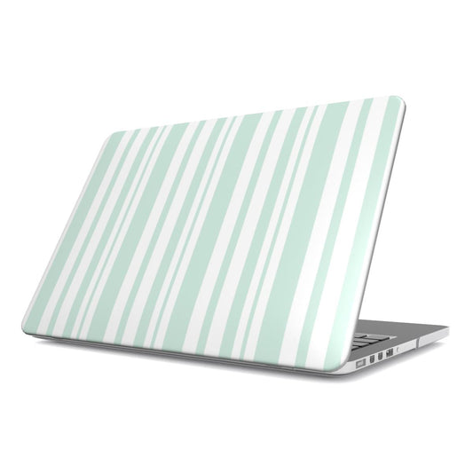 Mint Ticking Stripe MacBook case — mint stripe, hard-shell laptop cover, angled lid view