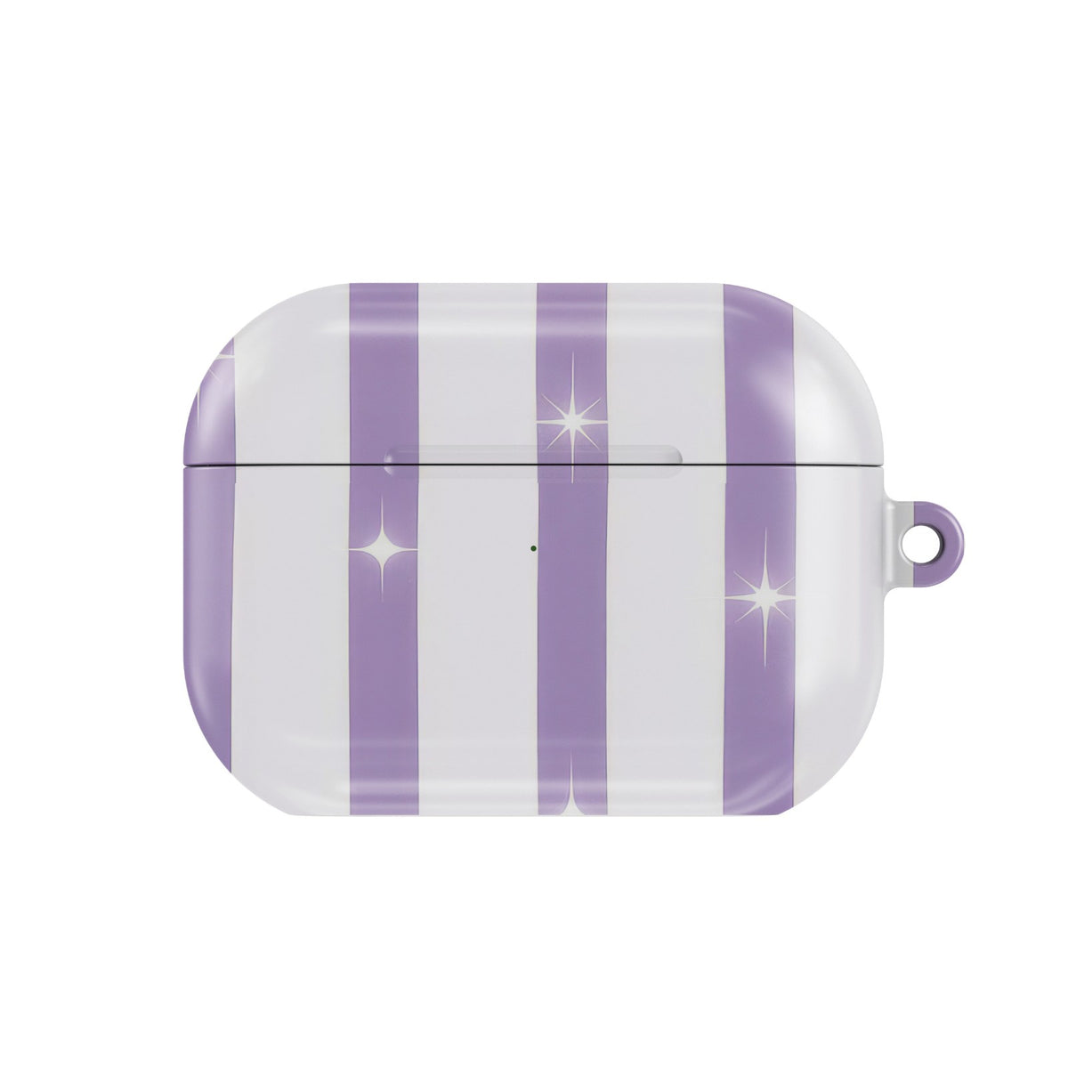 Lilac Sparkle Stripe AirPods case — lilac stripe, closed front view