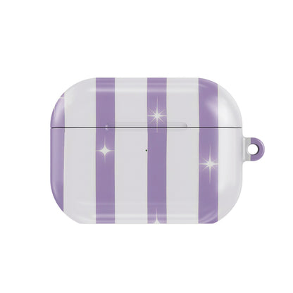 Lilac Sparkle Stripe AirPods case — lilac stripe, closed front view