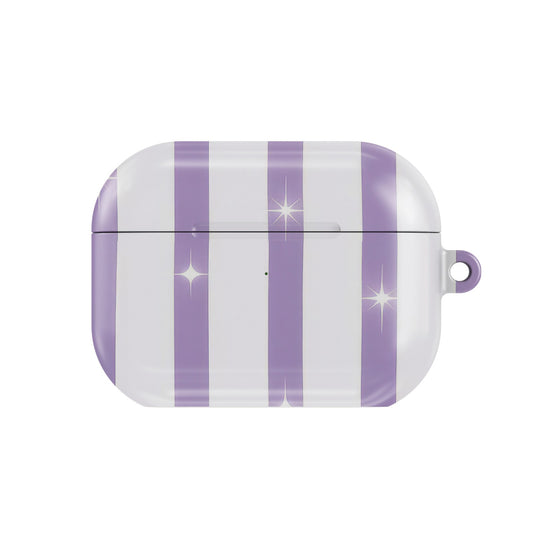 Lilac Sparkle Stripe AirPods case — lilac stripe, closed front view