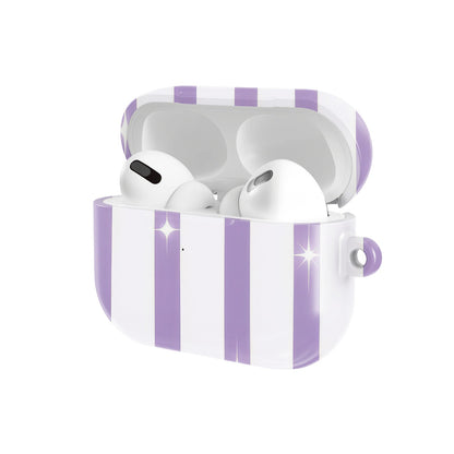 Lilac Sparkle Stripe AirPods case — open angled view