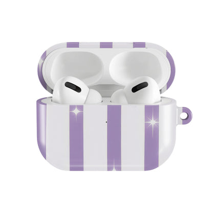 Lilac Sparkle Stripe AirPods case — open front view