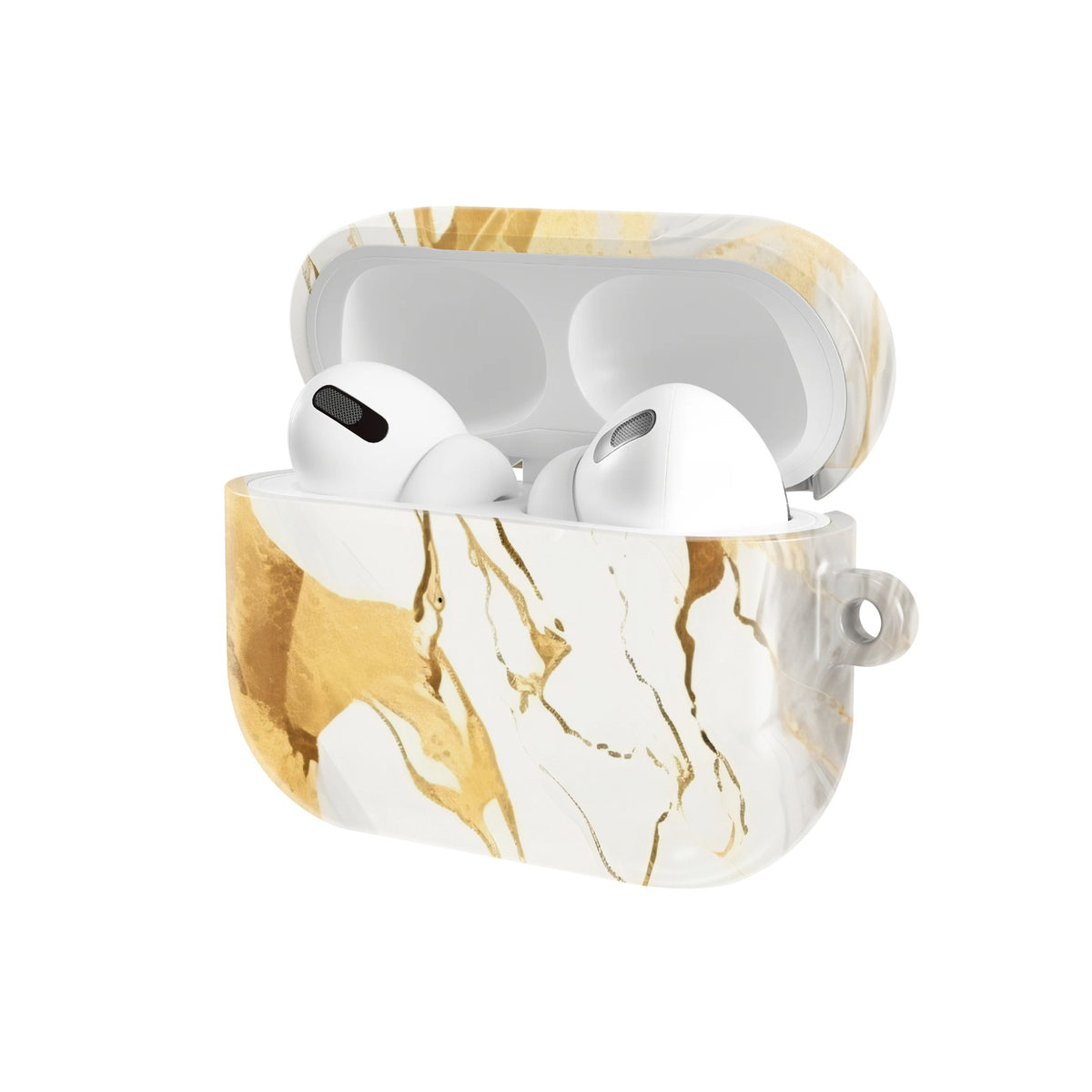 White & Gold Marble AirPods case — open angled view