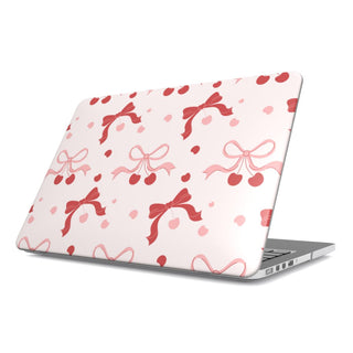 Cherry Bows MacBook case — cherry coquette, hard-shell laptop cover, angled lid view