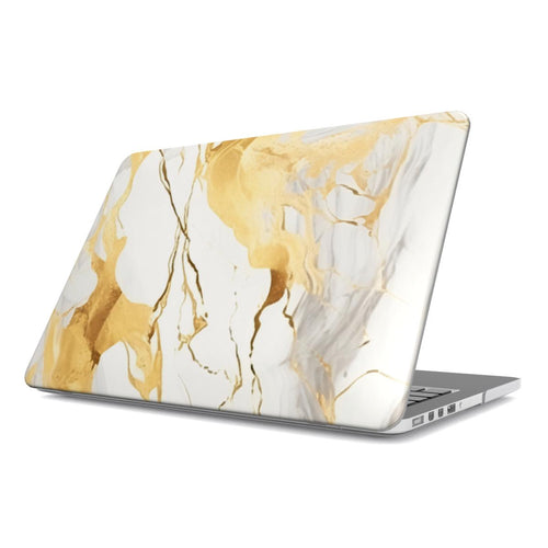 White & Gold Marble MacBook case — gilded stone, hard-shell laptop cover, angled lid view