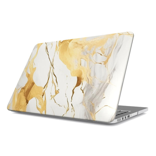 White & Gold Marble MacBook case — gilded stone, hard-shell laptop cover, angled lid view