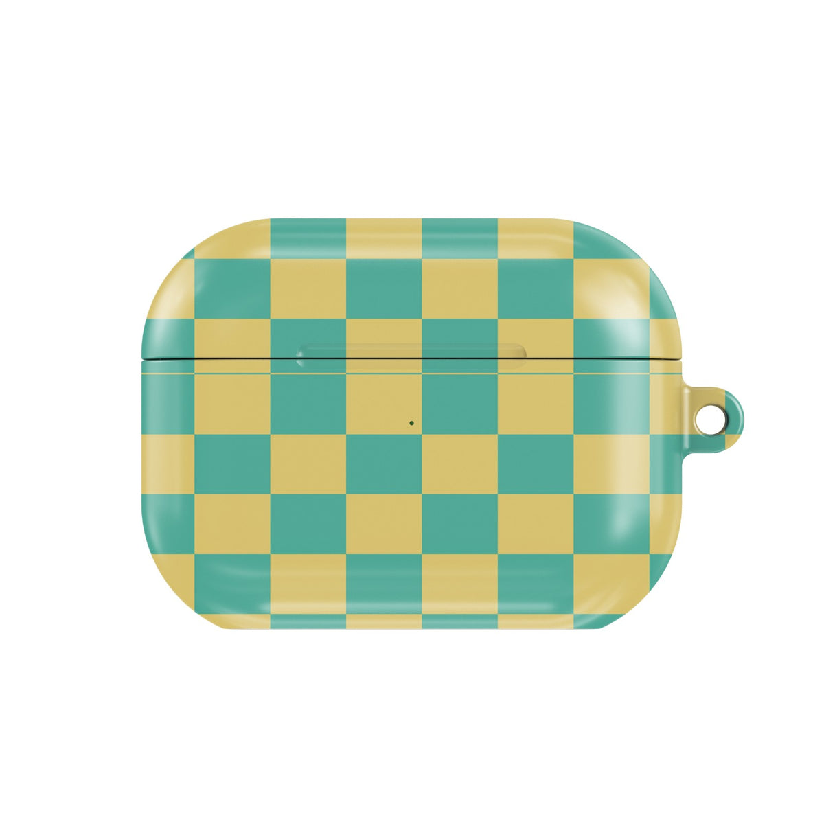 Teal & Yellow Check AirPods case — retro check, closed front view