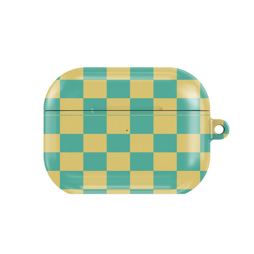Teal & Yellow Check AirPods case — retro check, closed front view