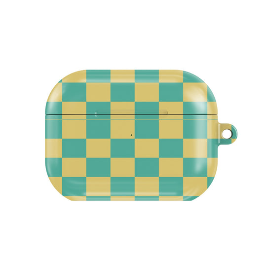 Teal & Yellow Check AirPods case — retro check, closed front view