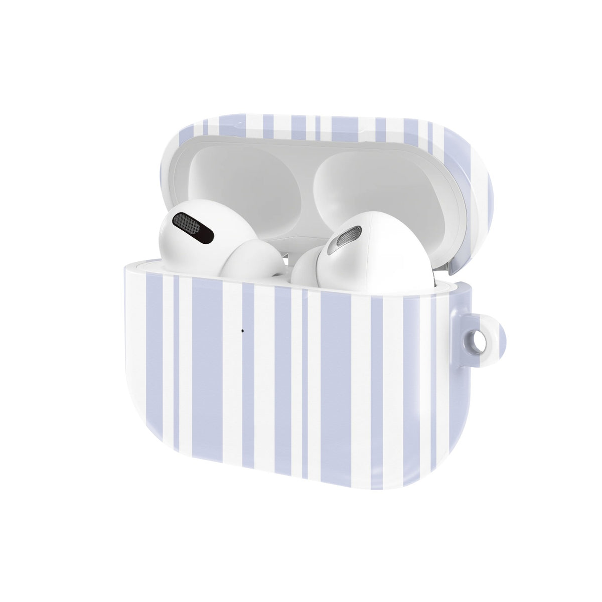 Periwinkle Ticking Stripe AirPods case — open angled view