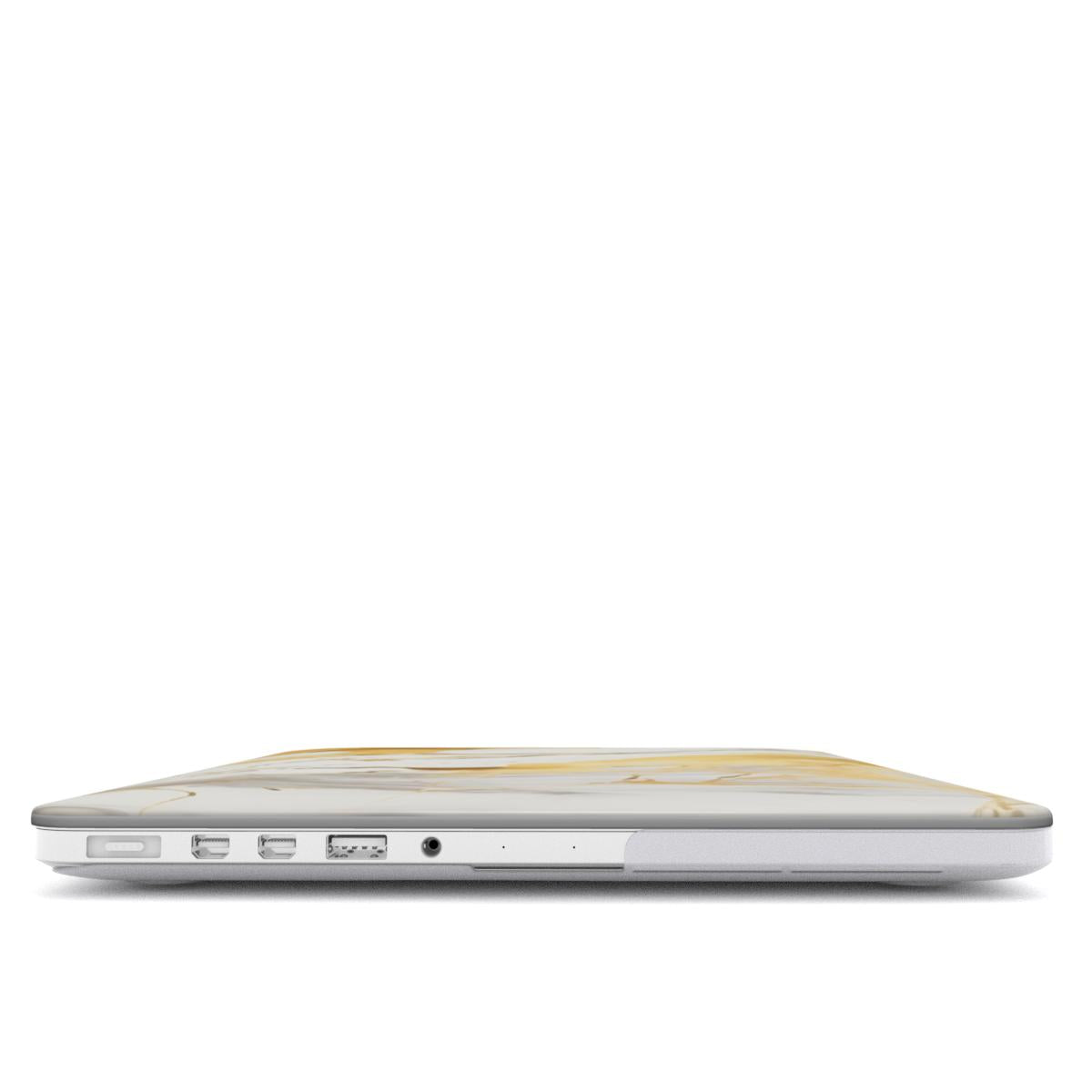 White & Gold Marble MacBook case — hard-shell laptop cover, side view with ports