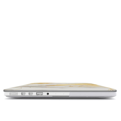 White & Gold Marble MacBook case — hard-shell laptop cover, side view with ports