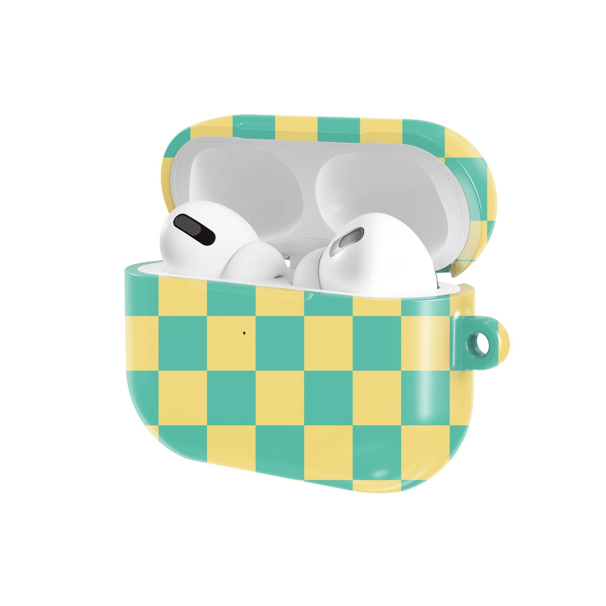 Teal & Yellow Check AirPods case — open angled view
