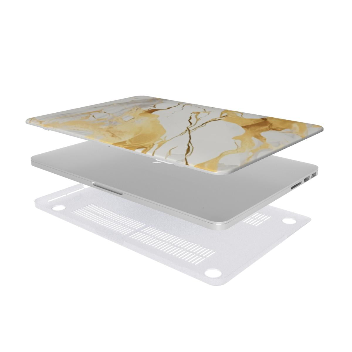 White & Gold Marble MacBook case — hard-shell laptop cover, two-piece shell view