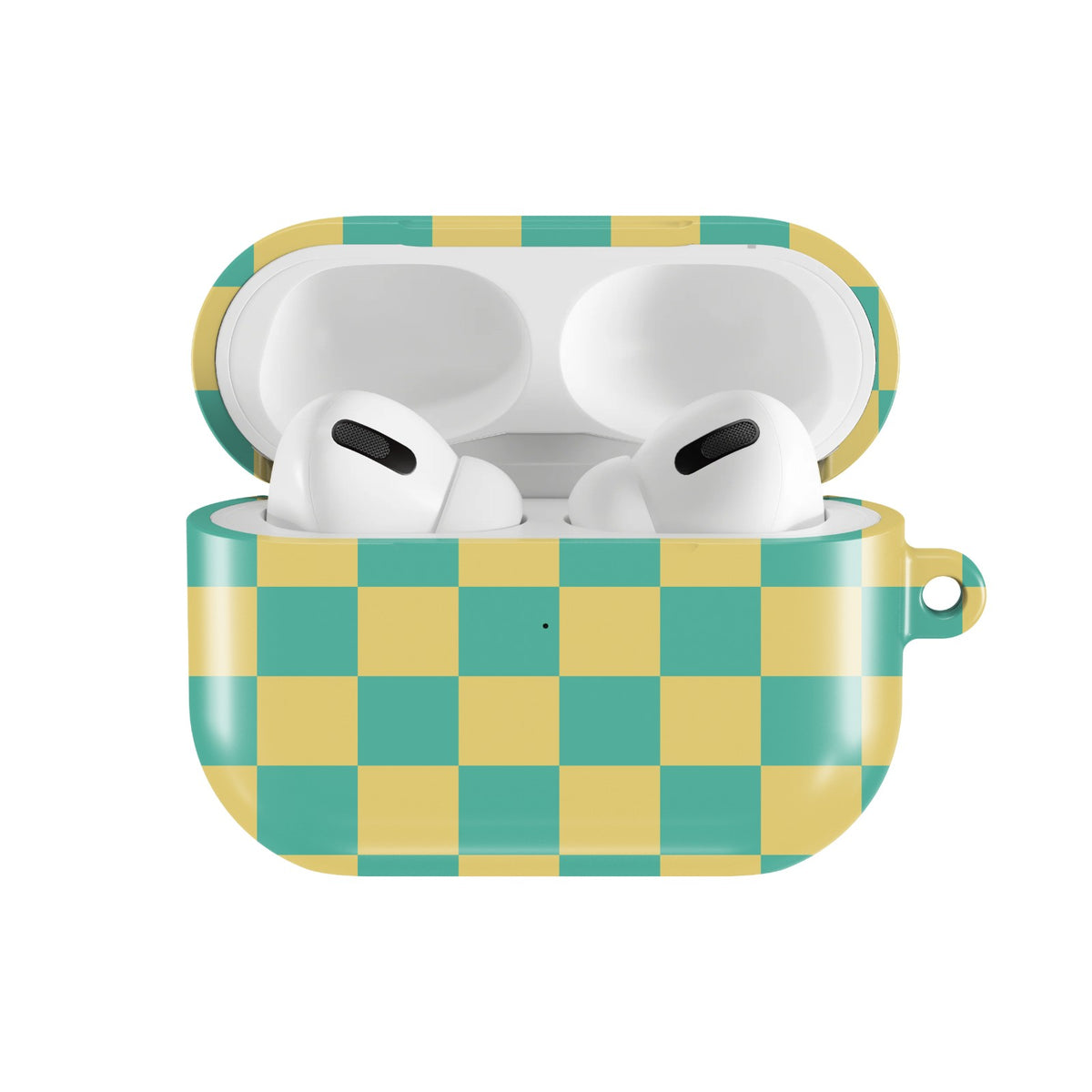 Teal & Yellow Check AirPods case — open front view