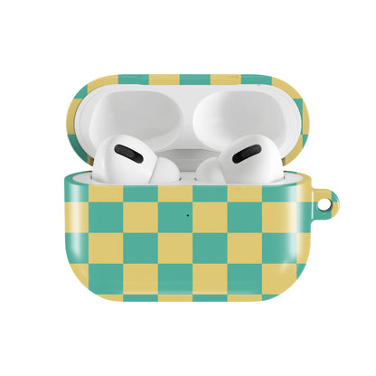 Teal & Yellow Check AirPods case — open front view