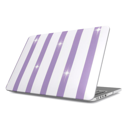 Lilac Sparkle Stripe MacBook case — lilac stripe, hard-shell laptop cover, angled lid view