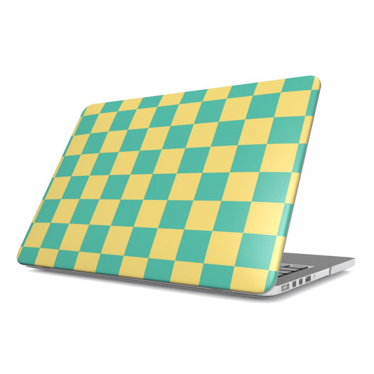 Teal & Yellow Check MacBook case — retro check, hard-shell laptop cover, angled lid view