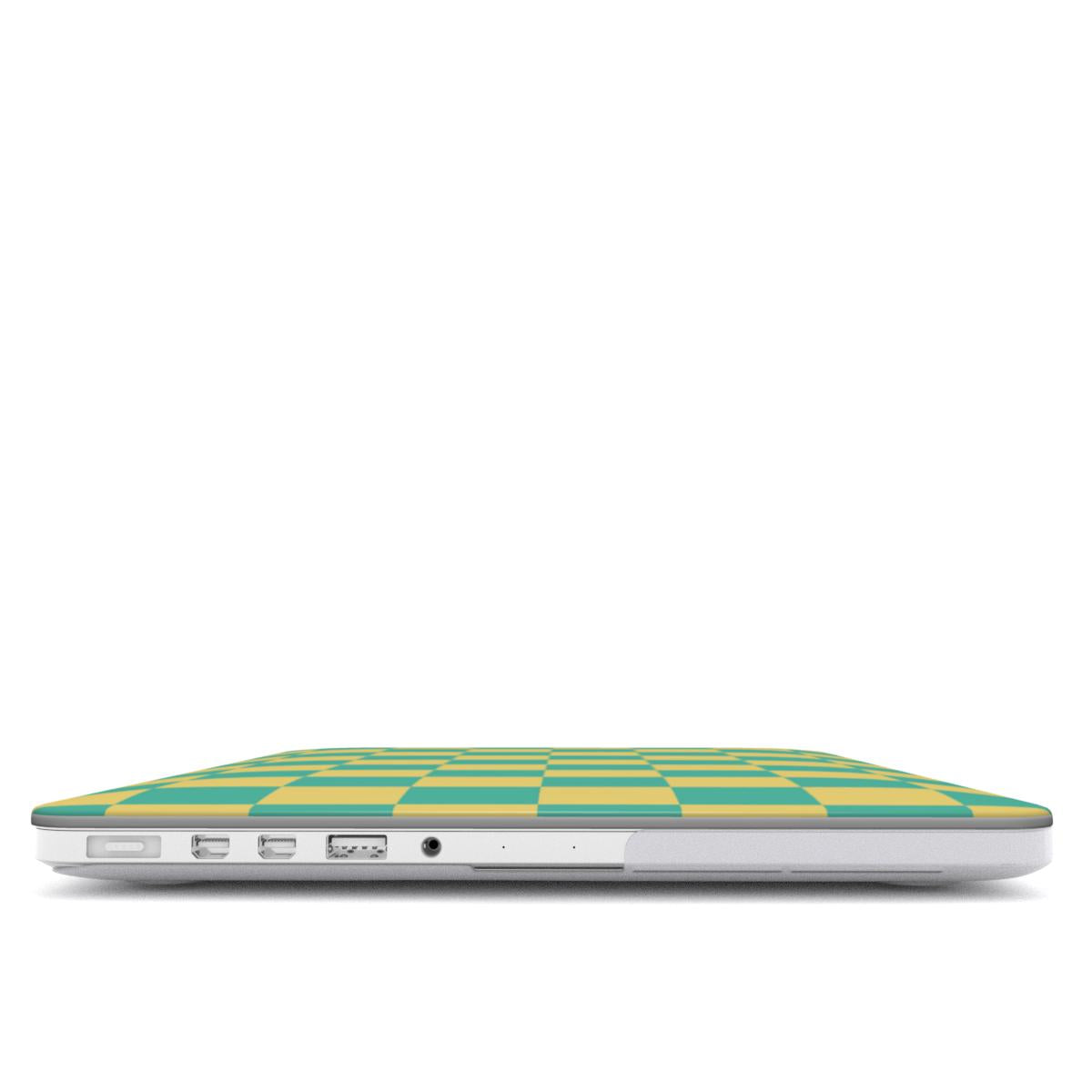 Teal & Yellow Check MacBook case — hard-shell laptop cover, side view with ports