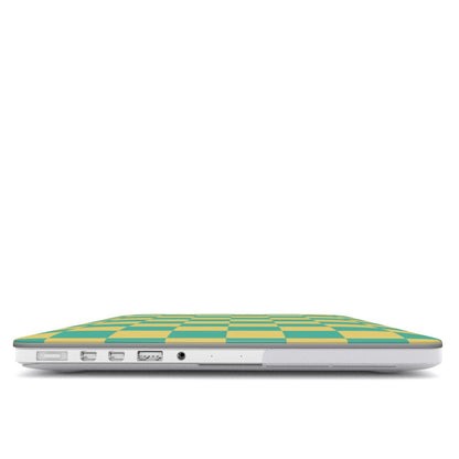 Teal & Yellow Check MacBook case — hard-shell laptop cover, side view with ports